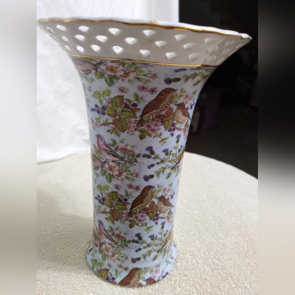 Formalities Bird Chintz Reticulated Vase 10” Porcelain Gold Trim